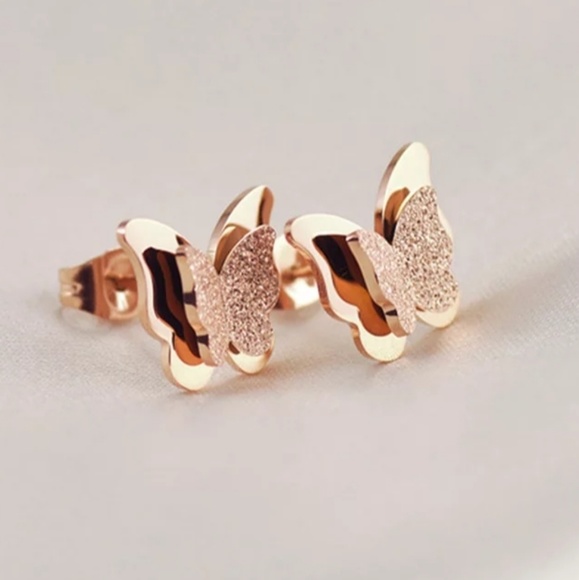 Rose gold stainless steel butterfly earrings. - Picture 7 of 8